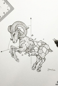角羊几何线条纹身图案手稿