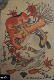 日式传统般若天狗彩色纹身图案手稿