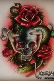 欧美骷髅玫瑰手蛇school纹身图案手稿