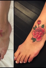 脚背欧美粉红色花卉纹身图案