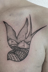 胸口点刺燕子风景纹身图案