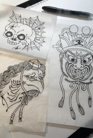 日式动物骷髅人像多款小图案纹身图案手稿