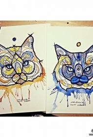 欧美school泼墨猫头鹰纹身图案手稿