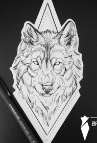 几何线条狼头像点刺纹身图案手稿