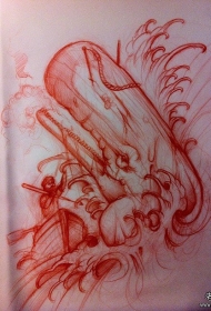 欧美school鲸鱼海浪船纹身图案手稿