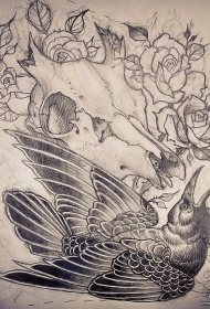 欧美羊头乌鸦玫瑰花纹身图案手稿