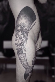 侧腰至大腿欧美个性的鲸鱼tattoo纹身图案