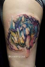 大腿水彩漂亮的马纹身图案