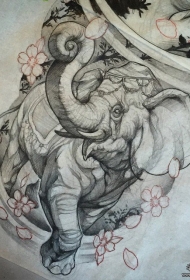 传统大象花卉纹身图案手稿