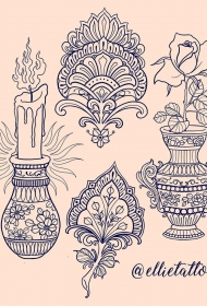 欧美梵花蜡烛花瓶玫瑰纹身图案手稿