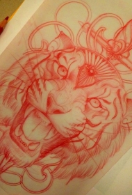 匕首刺穿老虎头纹身图案手稿