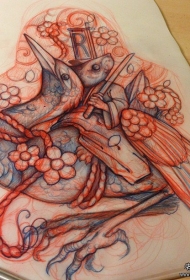 传统仙鹤老鼠花朵纹身图案手稿