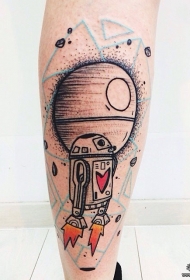 小腿星球机器人彩色纹身图案
