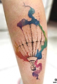 小腿欧美泼墨热气球纹身图案