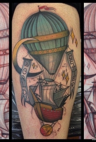 欧美大腿热气球帆船组合纹身图案