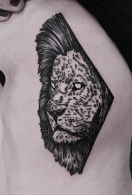 侧腰钢笔画狮子头部纹身图案