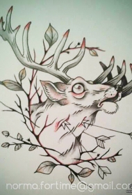 欧美麋鹿树叶纹身图案手稿