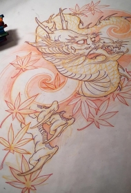 枫叶龙传统纹身图案手稿