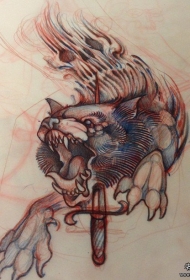 欧美狼头匕首school纹身图案手稿
