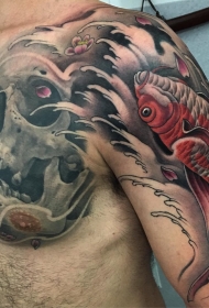 半胛骷髅和鲤鱼纹身图案