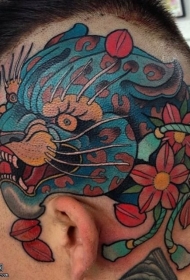 头部彩绘豹子樱花纹身图案