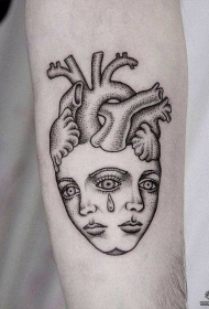 小臂心脏人像组合点刺纹身图案