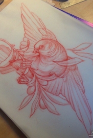 欧美school鸟树枝纹身图案手稿