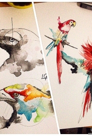 欧美泼墨老鹰鹦鹉纹身图案手稿