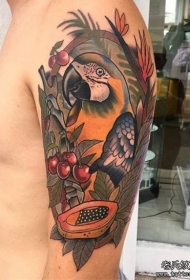 大臂欧美new school鹦鹉和水果纹身图案
