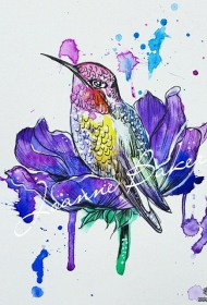 彩色泼墨蜂鸟花朵纹身图案手稿