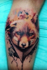 小腿3D彩色的狐狸头像纹身图案