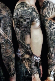 手臂惊人的3D骨架武士与派克骷髅纹身图案