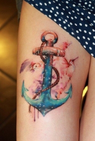 腿部水彩画风格船锚和海鸥纹身图案