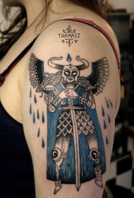 大臂彩色的神秘天使战士纹身图案