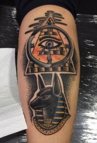 小腿抽象风格点刺彩色神秘埃及符号纹身图案