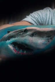 写实风格的彩色游泳鲨鱼手臂纹身图案