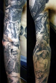 手臂黑白天使战士和天使骨架纹身图案