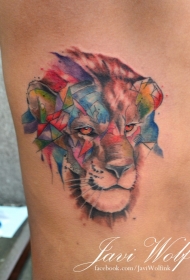 侧肋抽象风格彩色的狮子头纹身图案