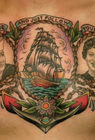 胸部彩色的帆船和水手肖像纹身图案