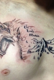 胸部彩色邪恶的龙和山脉纹身图案