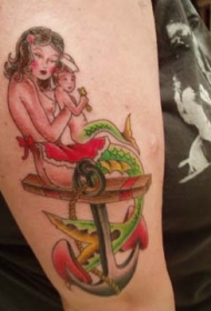 美人鱼和孩子船锚纹身图案