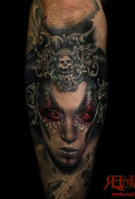 彩色恐怖风格的恶魔女人手臂纹身图案