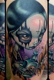 手臂彩绘五颜六色的邪恶女孩与毒药瓶纹身图案