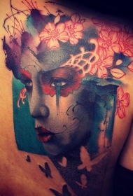 背部抽象风格的彩色花朵与女性肖像纹身图案
