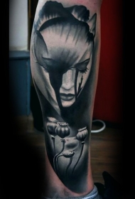 小腿3D逼真的女性肖像纹身图案