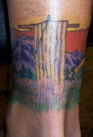 山水瀑布彩色脚踝纹身图案