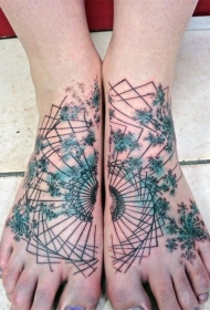脚背美丽色彩的抽象线条花朵纹身图案
