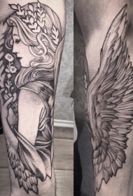 手臂黑色点刺天使女人和叶子纹身图案