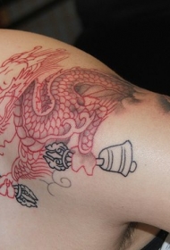 3D红色的中国龙肩部纹身图案