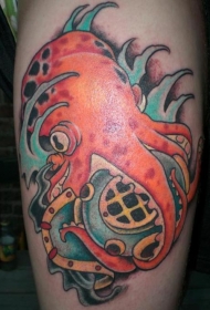 潜水头盔和章鱼彩色纹身图案